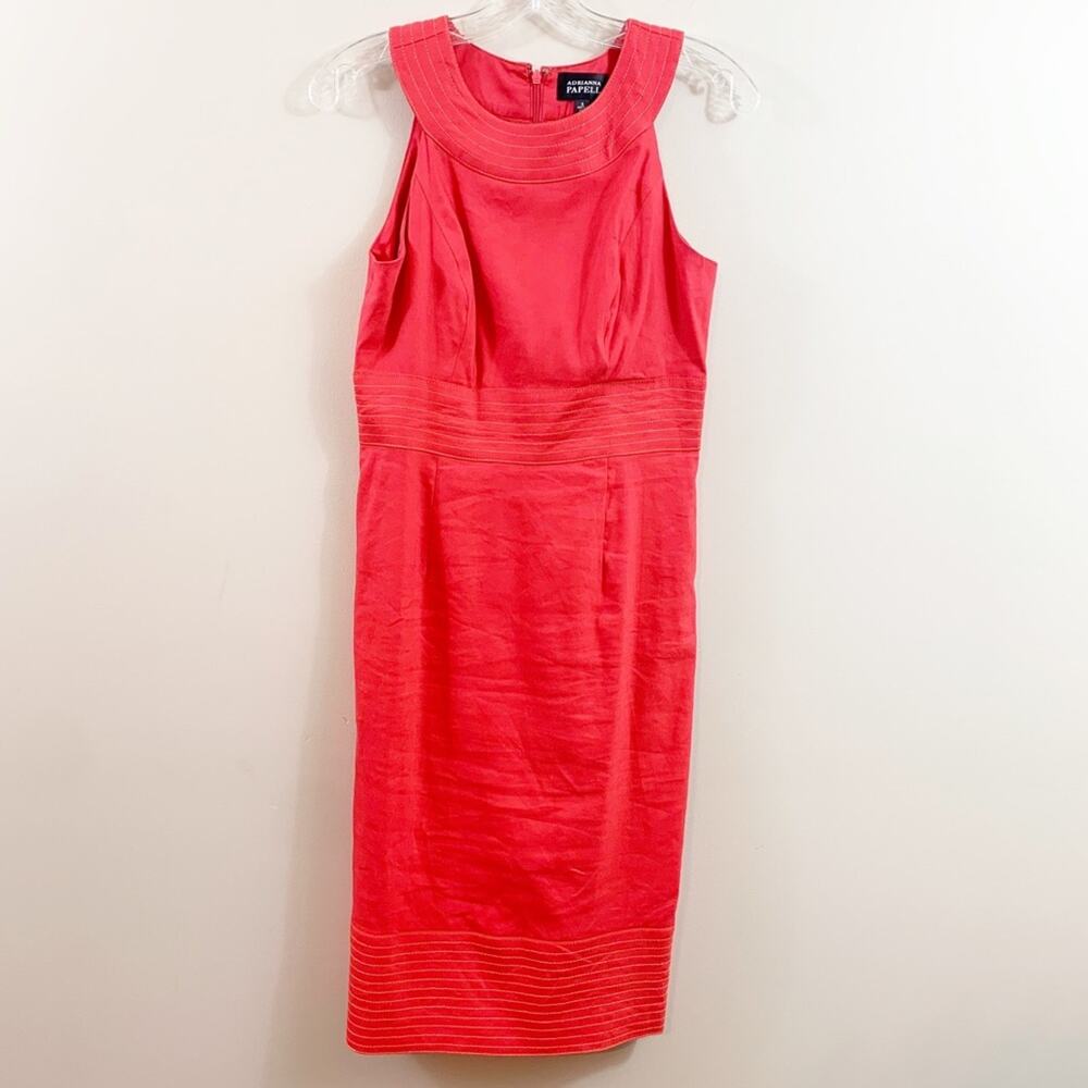 Adrianna Papell Red Boat Neck Sheath Sleeveless Orange Stitching Detail Dress